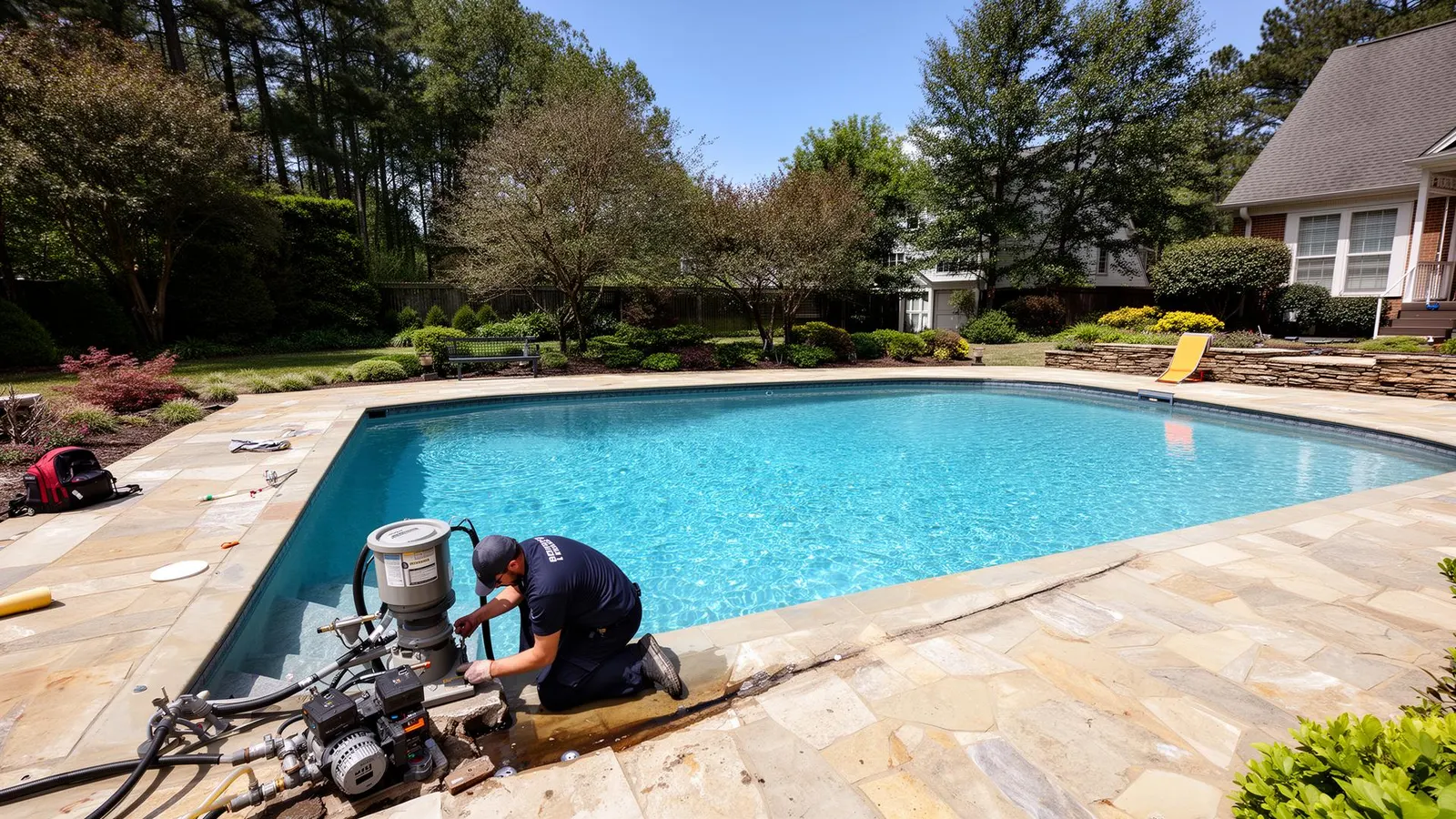 Pool technician repairing pool equipment poolside